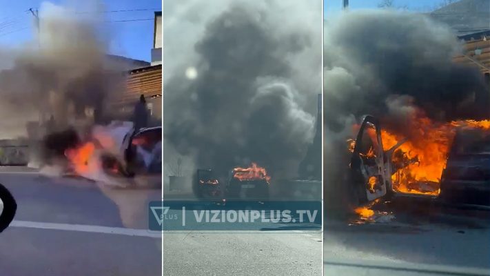 VIDEO/ Flakët “përpijnë” makinën në Pogradec, shpëton mrekullisht shoferi