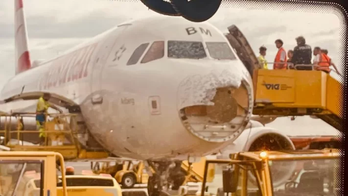 Avioni goditet nga breshëri gjatë fluturimit, pëson dëmtime të rënda Avioni goditet nga breshëri gjatë fluturimit, pëson dëmtime të rënda