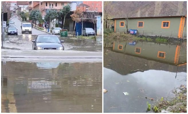 Përmbytje në Bulqizë, zona pranë terminalit të autobusëve nën ujë