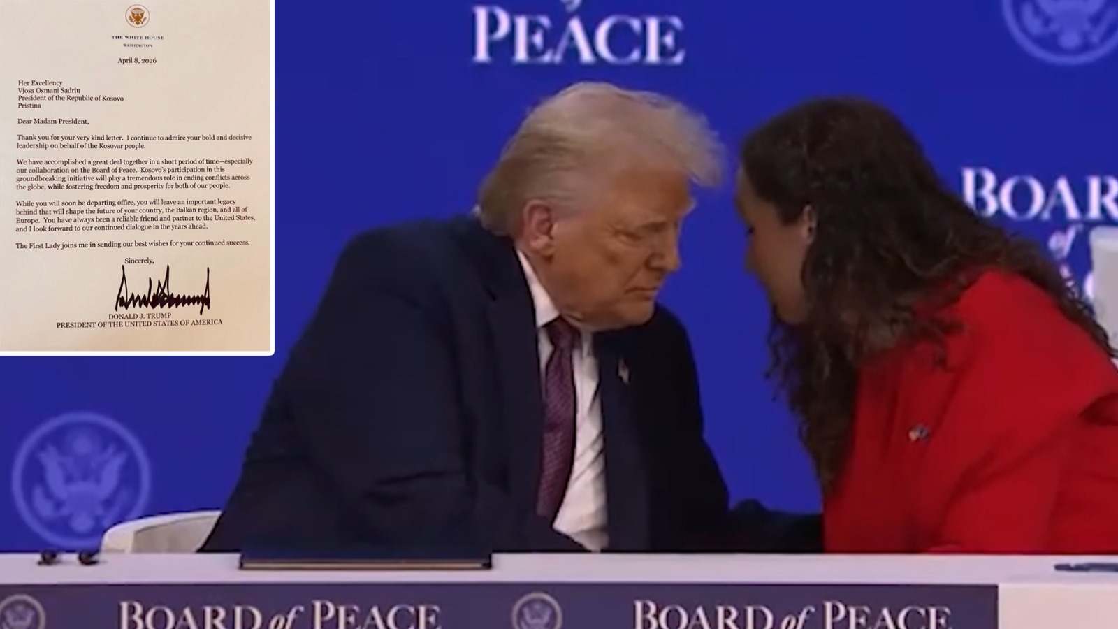 Donald Trump letër Vjosa Osmanit  vlerëson kontributin e saj si pjesë e Bordit të Paqes